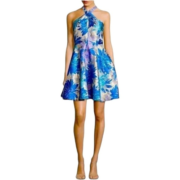 Belle Badgley Mischka Size 12 Floral Jacquard Halter Cocktail Dress - Picture 1 of 7